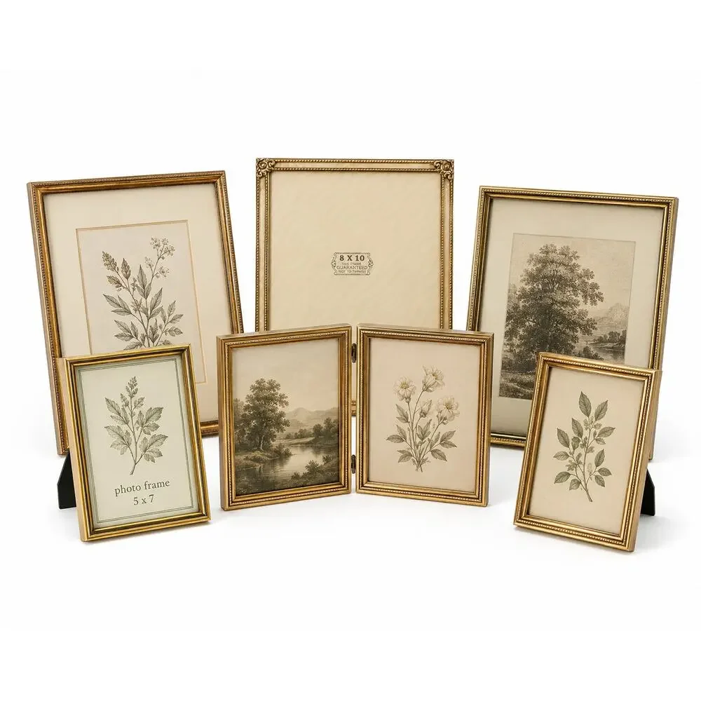 6 Gold Tone Vintage Style Tabletop Picture Frames